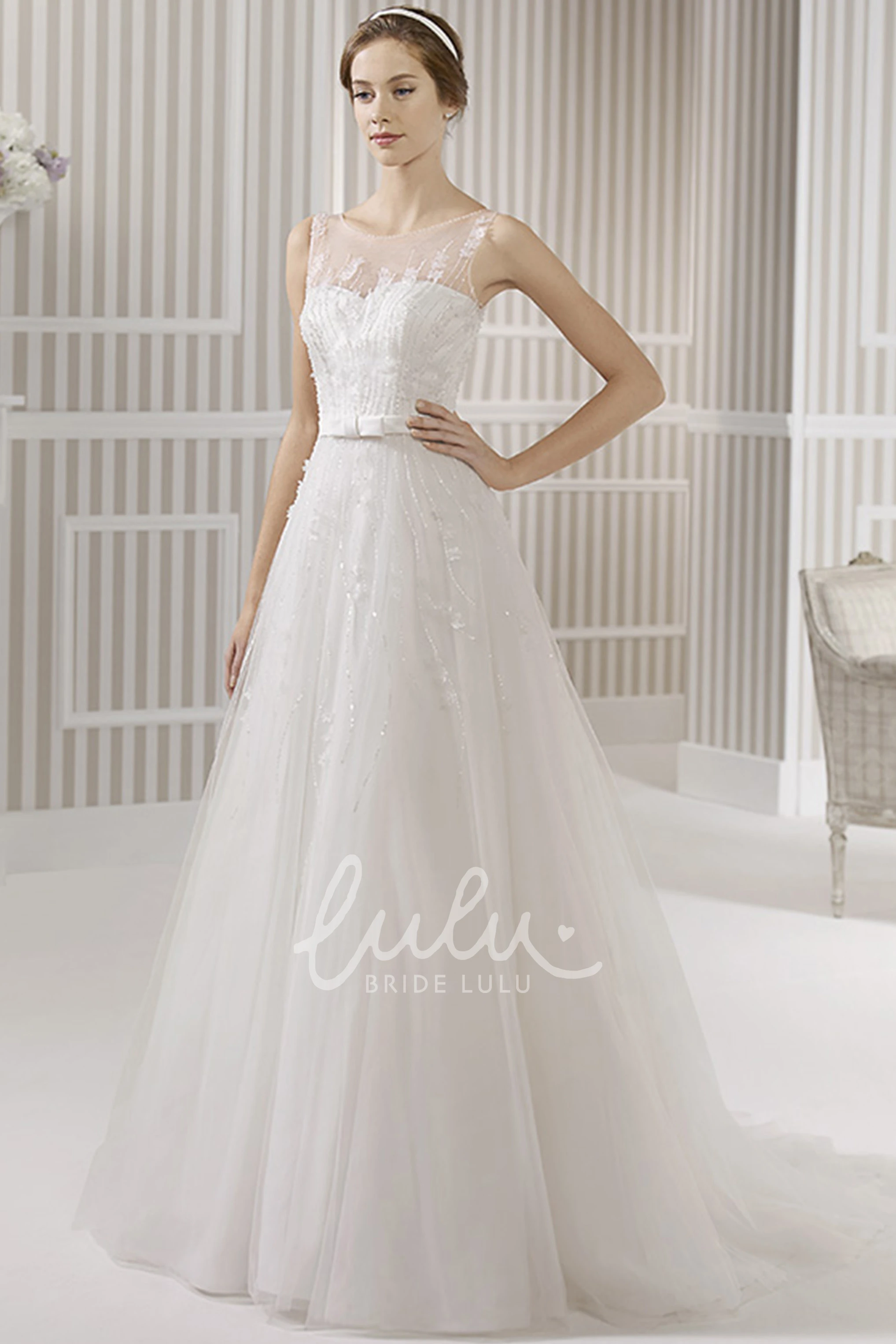 Appliqued Sleeveless A-Line Wedding Dress with Floor-Length Tulle & Satin
