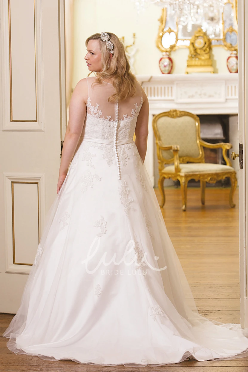 Plus Size A-Line Satin Wedding Dress with Appliques and Waist Jewelry