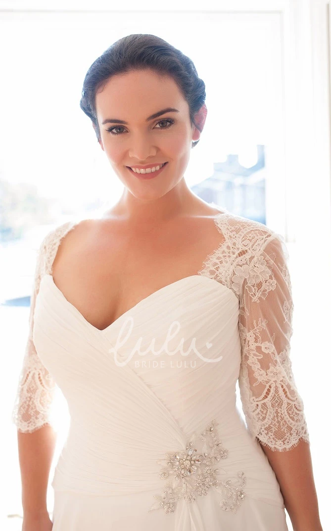 Draping Chiffon A-Line Wedding Dress with V-Neck and Half Sleeves