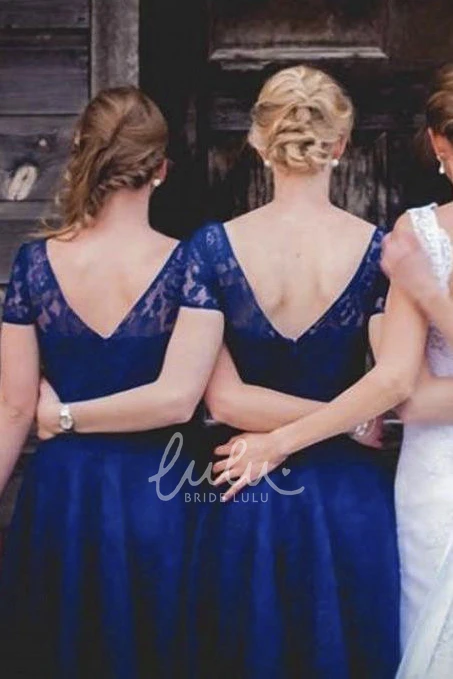 Short-sleeved Knee-length A-line Lace Dress with Pleats Classy Bridesmaid Dress