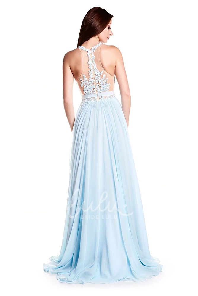 High Neck Sleeveless Appliqued Chiffon Prom Dress Flowy Prom Dress