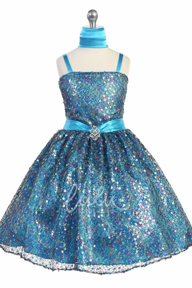 Beaded Cape Tea-Length Satin & Sequins Tiered Flower Girl Dress with Ribbon