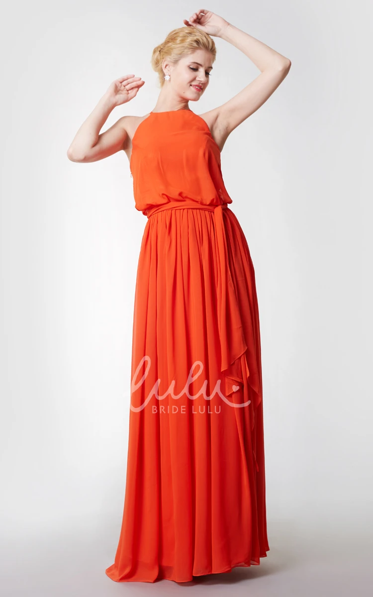 Long Chiffon Halter Bridesmaid Dress with Flowy Skirt