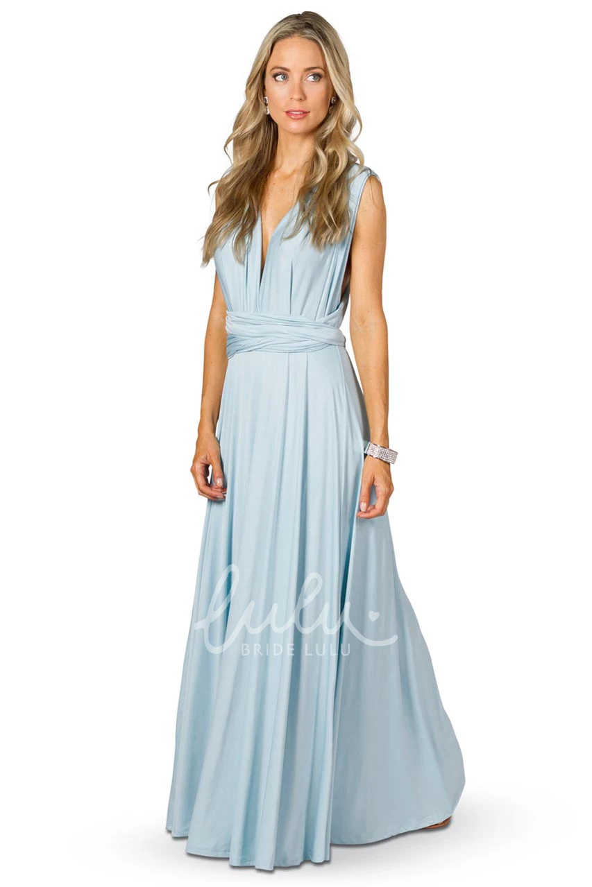 Sleeveless V-Neck Chiffon Bridesmaid Dress with Ribbon and Straps Elegant Convertible Style