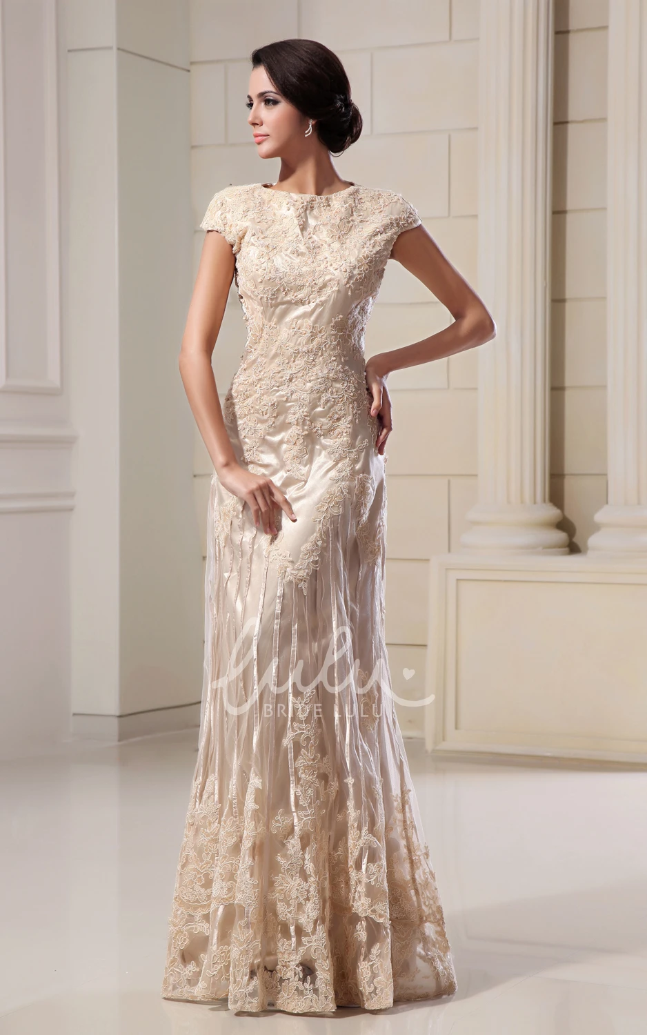 Lace Applique Maxi Dress Romantic High-Neck Column