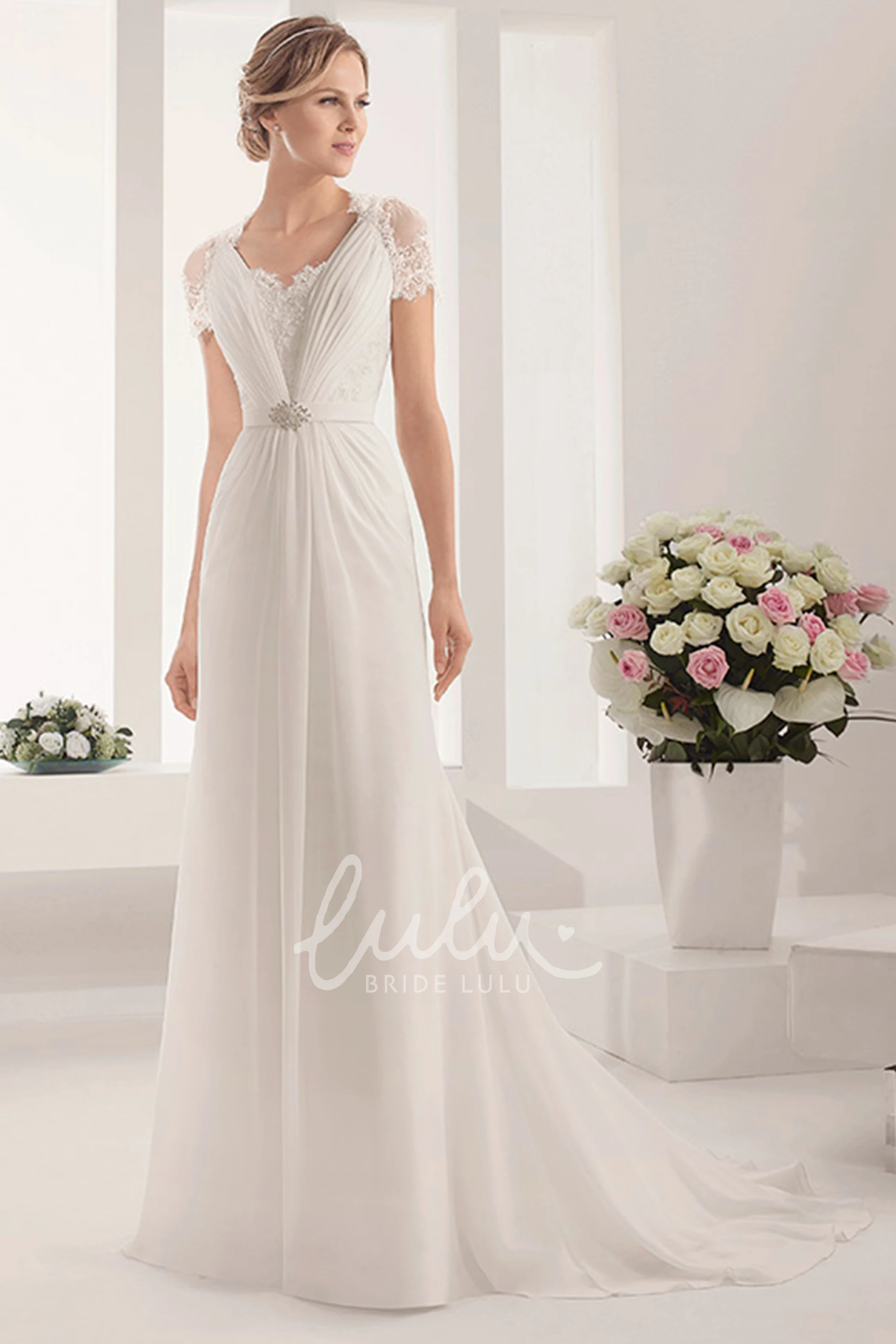 A-Line Chiffon Wedding Dress with Modest Lace Short-Sleeve and Shiny Waist