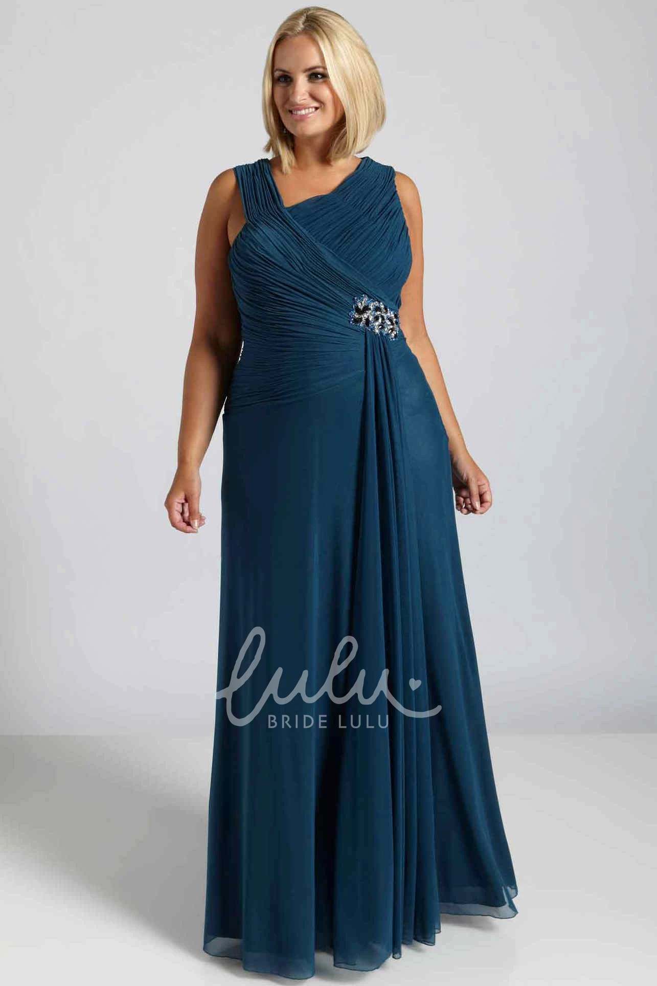 Plus Size Prom Dress Long V-Neck Ruched Chiffon with Broach Sleeveless