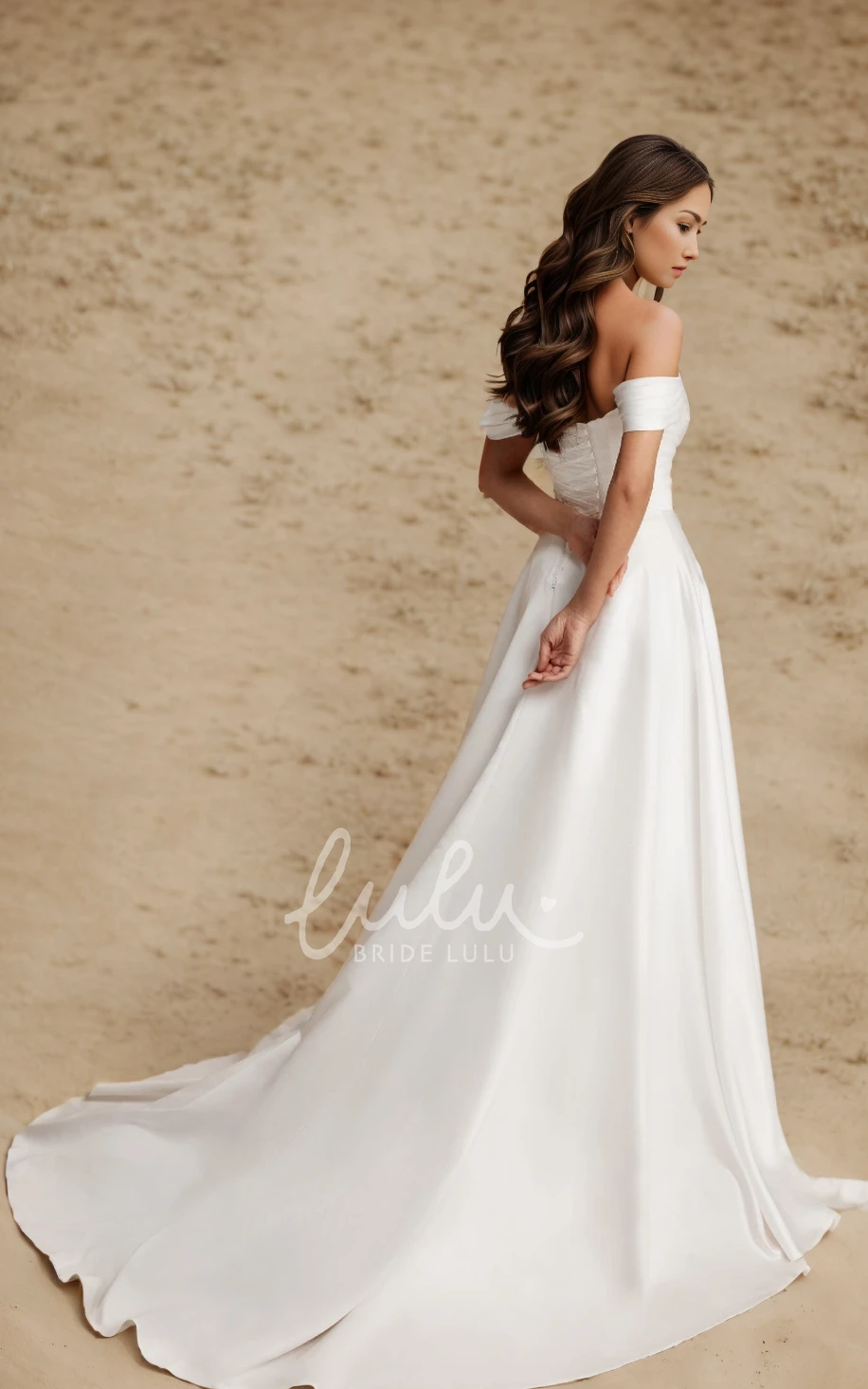 Modern Simple A-Line Off the Shoulder Beach Garden Wedding Dress Modest Elegant Ruched Floor Length Court Train Bridal Gown