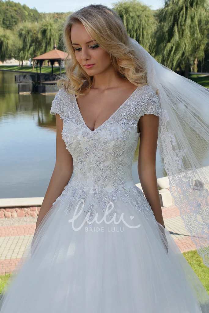 V-Neck Appliqued Tulle Wedding Dress Classy Ball Gown