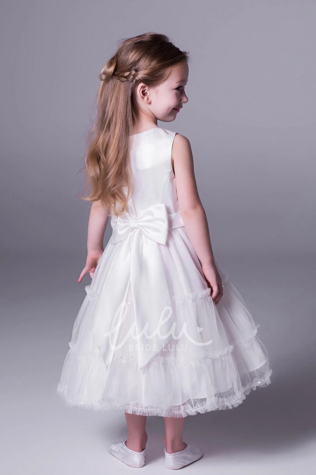 Satin Tea-Length Dress with Ruffles A-Line Flower Girl Dress