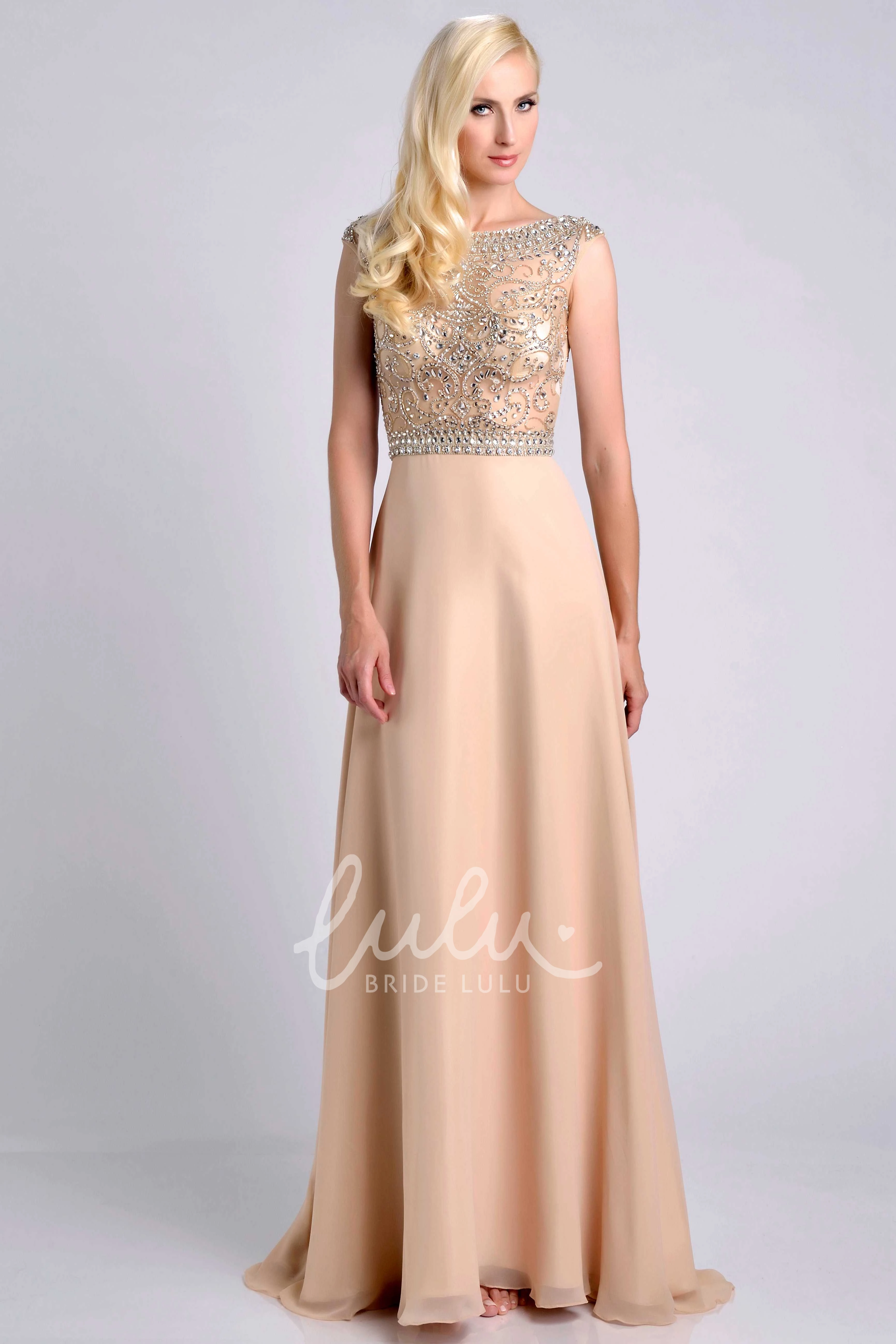 Chiffon A-Line Prom Dress with Cap Sleeves and Jeweled Bodice
