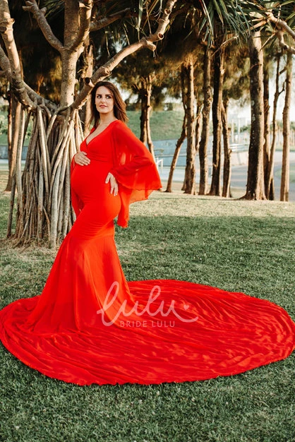 Long Sleeve Maternity Bridesmaid Dress with Court Train and Empire Waist