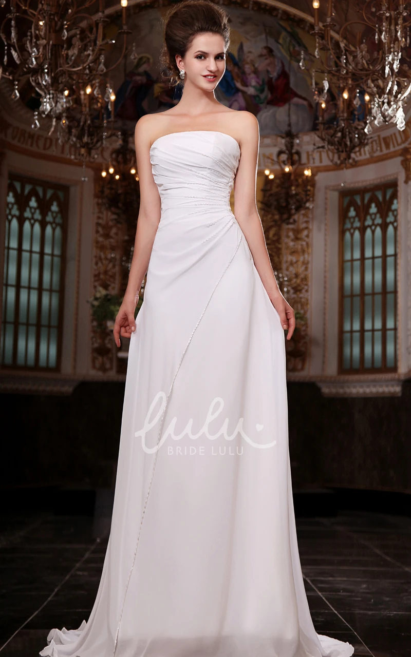 Elegant Chiffon Strapless Wedding Dress with Ruching Flowy A-line Bridal Gown