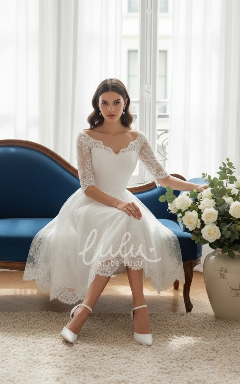 Simple Lace A-line Wedding Dress Half Sleeve Tea Length Civil Bridal Gown