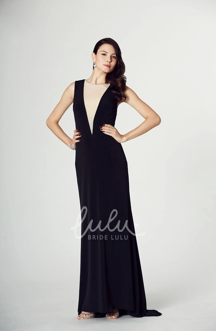 Jewel Neck Sleeveless Jersey Prom Dress with Beading and Brush Train