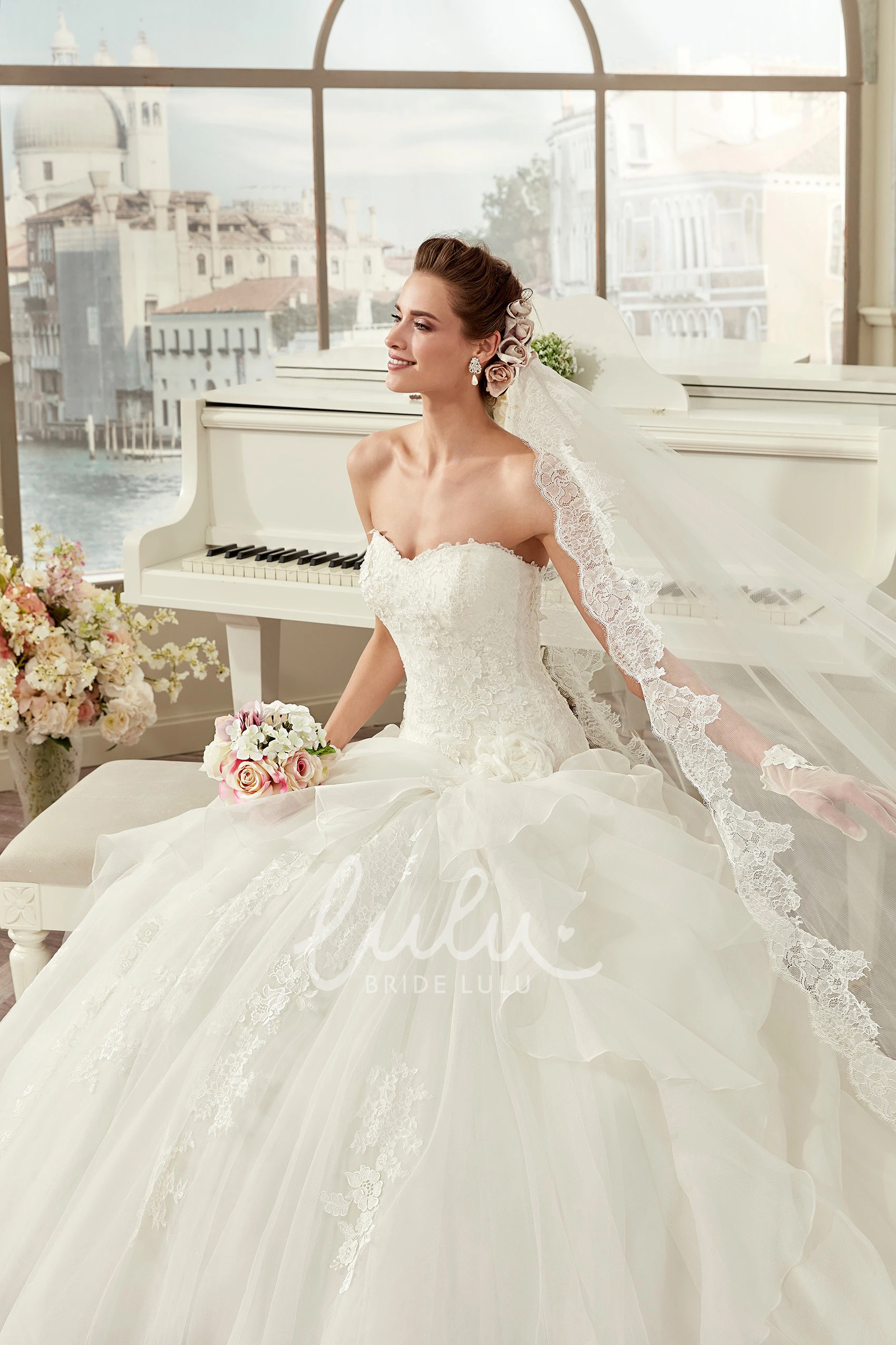 Floral A-Line Wedding Dress with Side Ruffles and Open Back