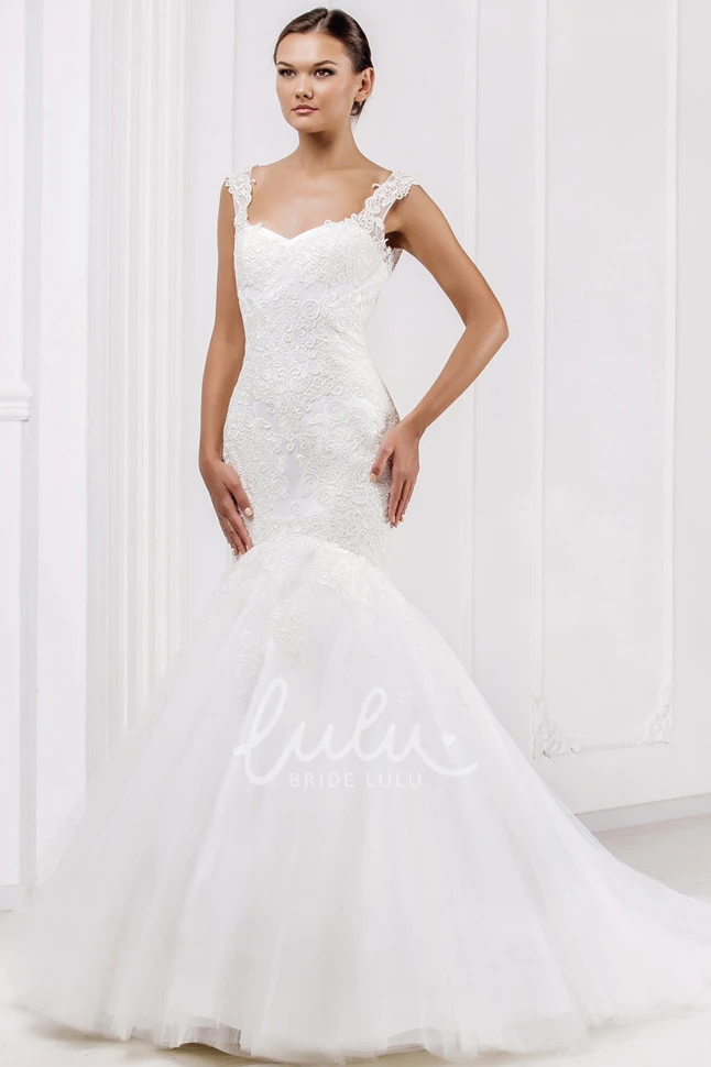 Mermaid Tulle&Lace Wedding Dress with Illusion Back and Court Train Modern Wedding Dress