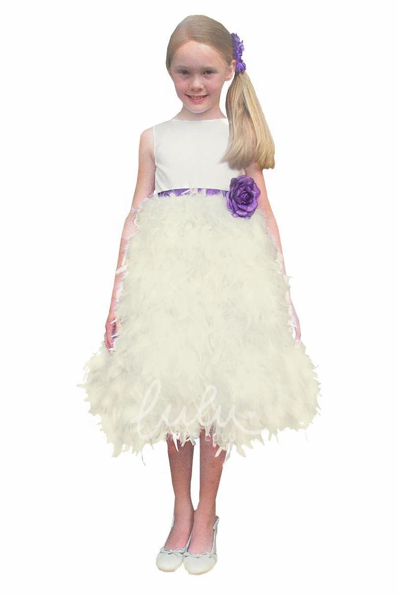 V-Neck Sleeveless Satin Tea-Length Flower Girl Dress for Weddings