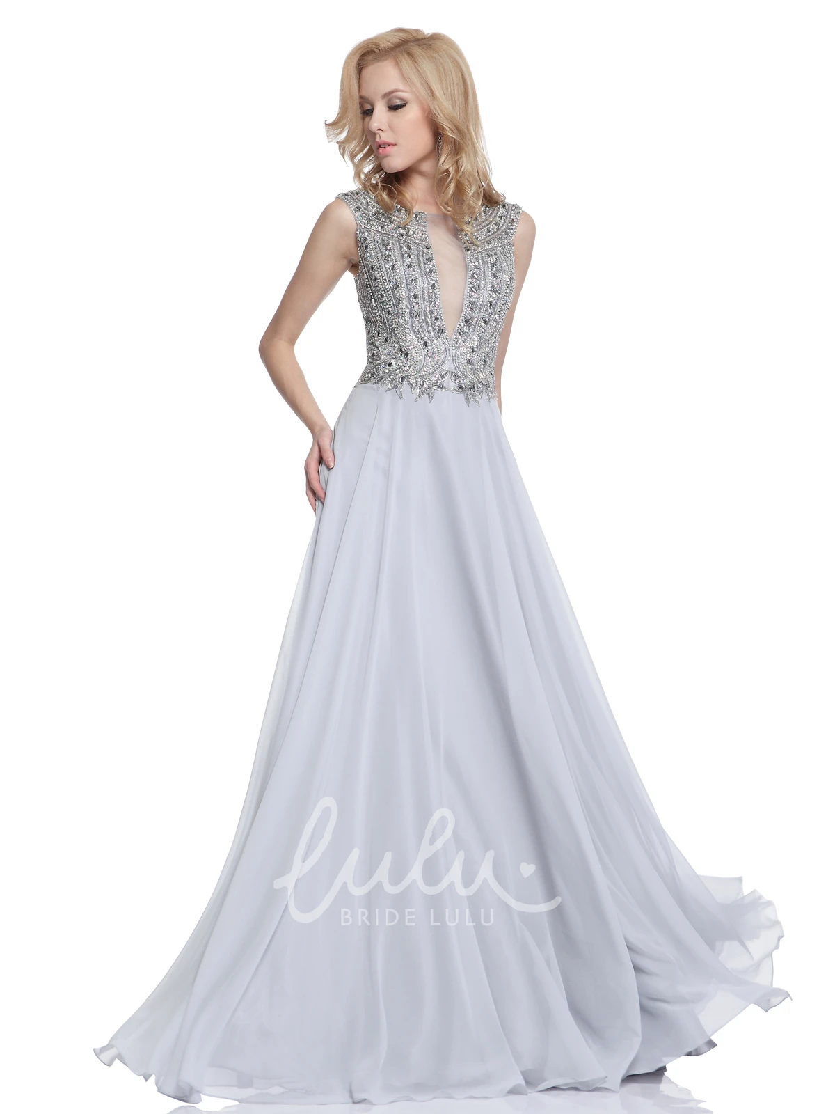 Crystal Detailing Chiffon Bateau Formal Dress with Keyhole Back