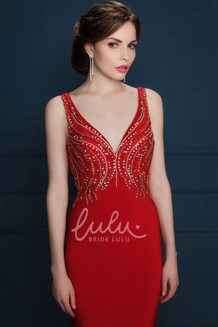 V-Neck Sheath Long Evening Dress with Beaded Jersey Fabric