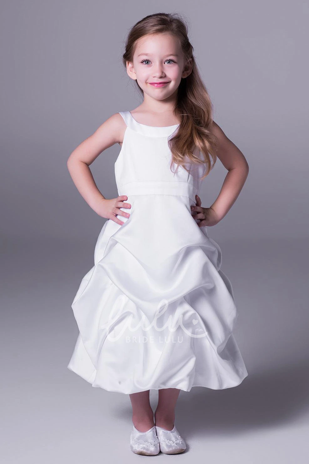 Satin A-Line Pick-Up Flower Girl Dress Scoop-Neck Sleeveless Tea-Length