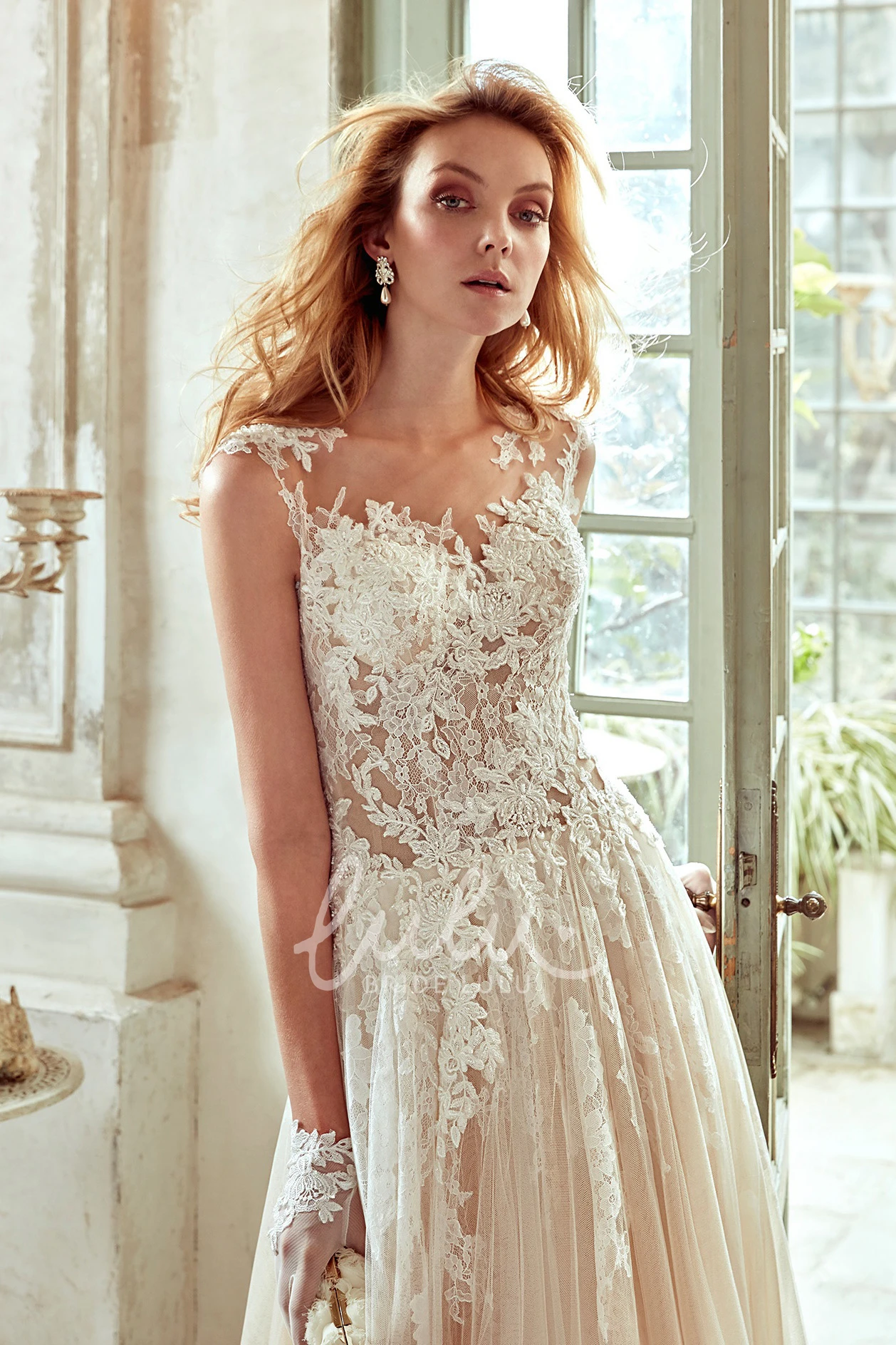 Pleated Skirt Strap-Neck Wedding Dress with Lace Appliqued Bodice Classy Wedding Dress Women