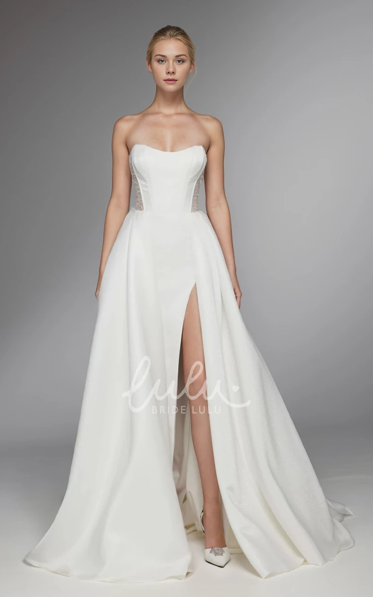 Modern Strapless A-Line Satin Beading Sleeveless Wedding Dress Modern Open Back Floor-length Split Bridal Gown