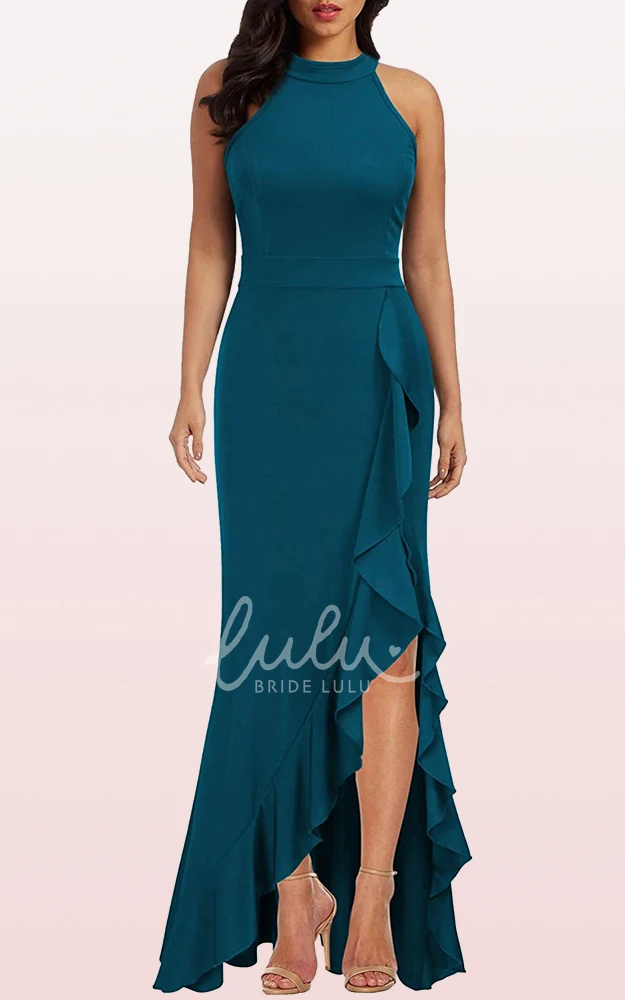Halter Sheath Sleeveless Formal Guest Dress with Ruffles Elegant Split Front Jersey