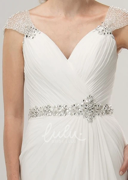 Chiffon V-Neck Wedding Dress with Beaded Cap-Sleeves and Criss Cross Unique Style
