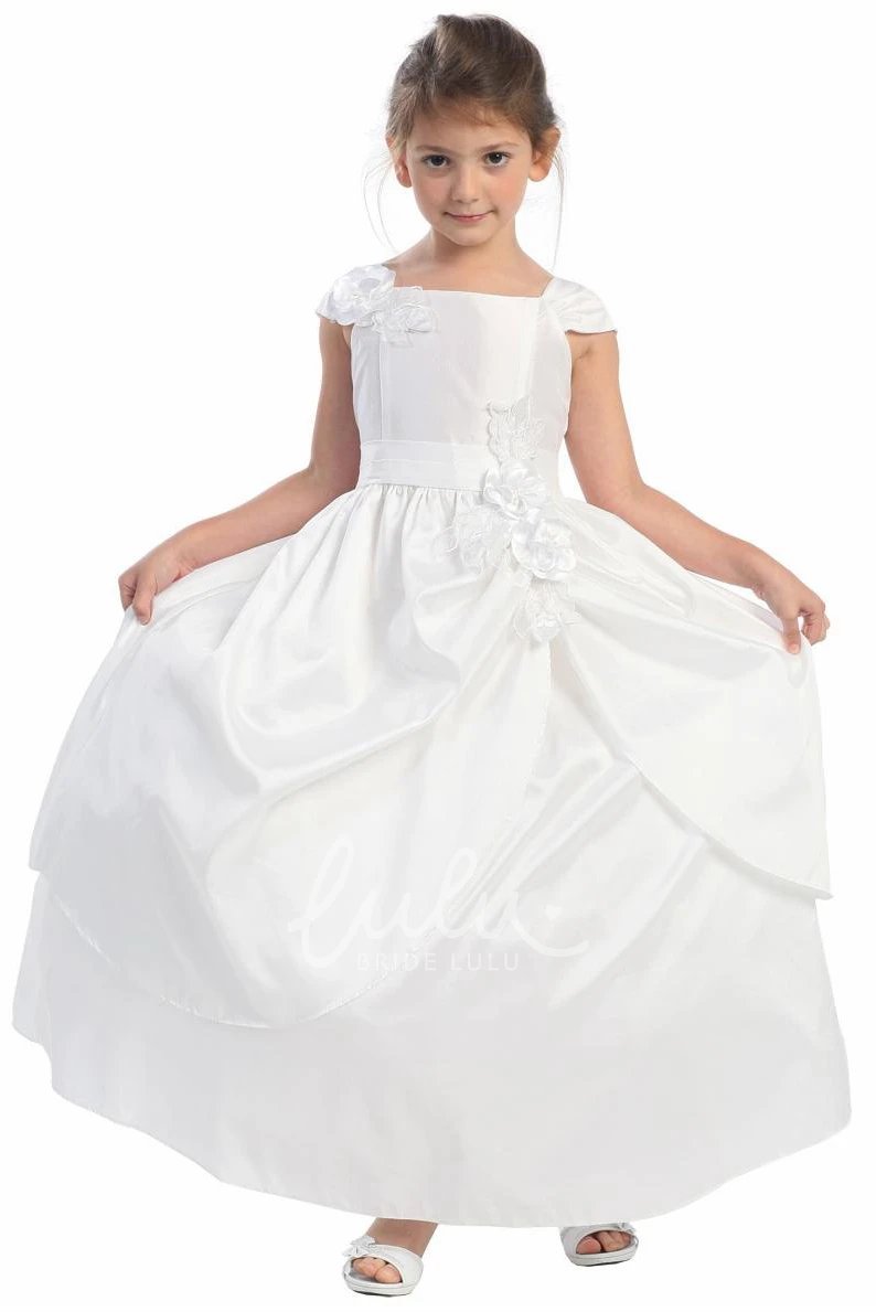 Floral Tiered Lace&Taffeta Ankle-Length Flower Girl Dress with Sash Elegant Wedding Dress