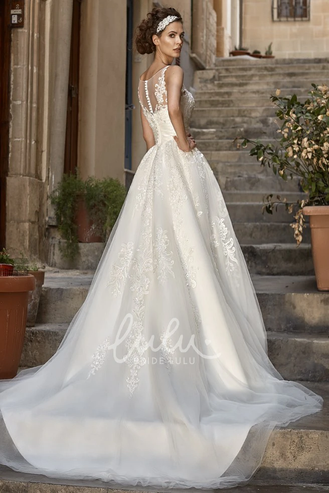 Floor-Length Sleeveless A-Line Wedding Dress with Tulle&Lace and Appliques