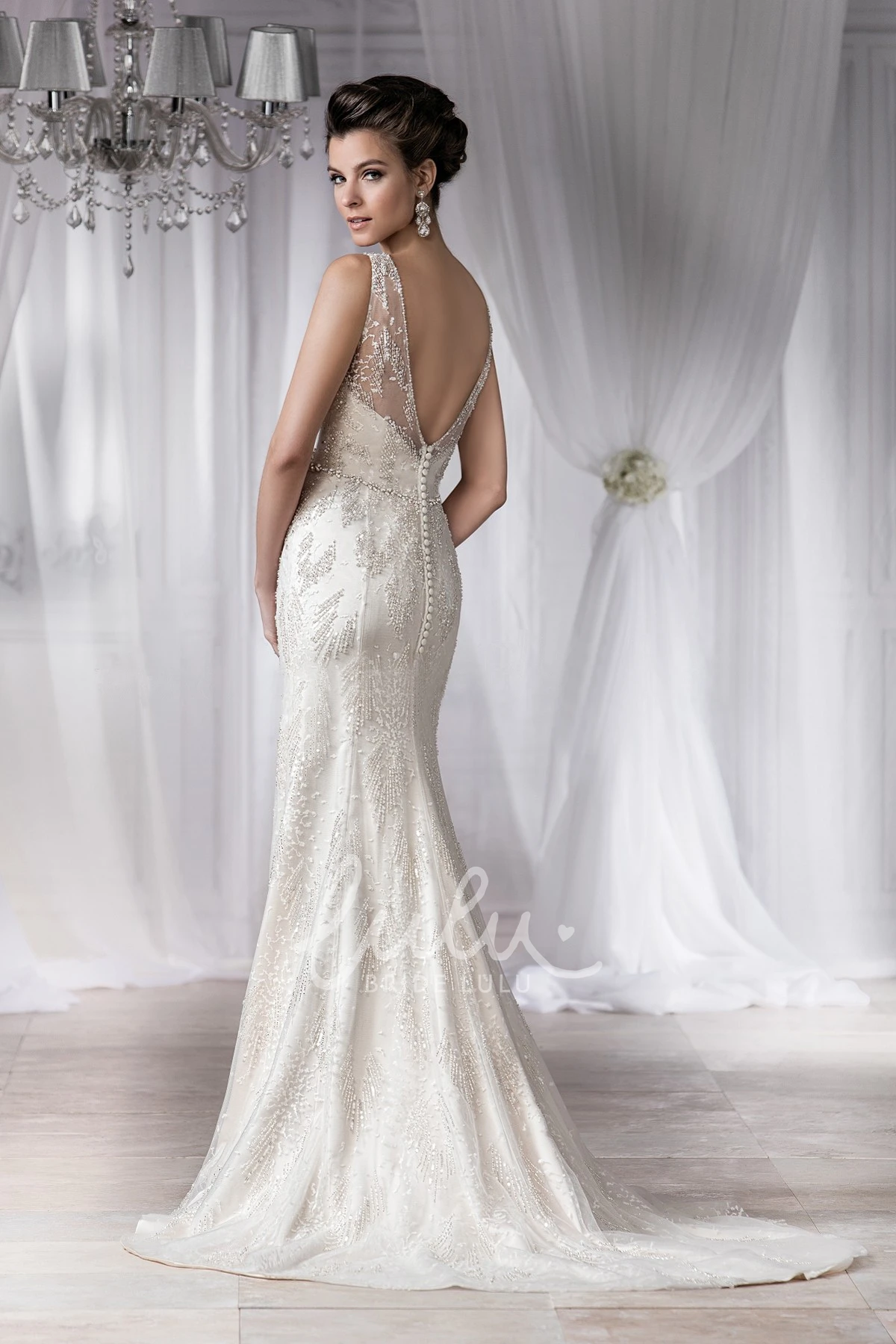 Deep V-Back Beaded Sleeveless Mermaid Wedding Dress