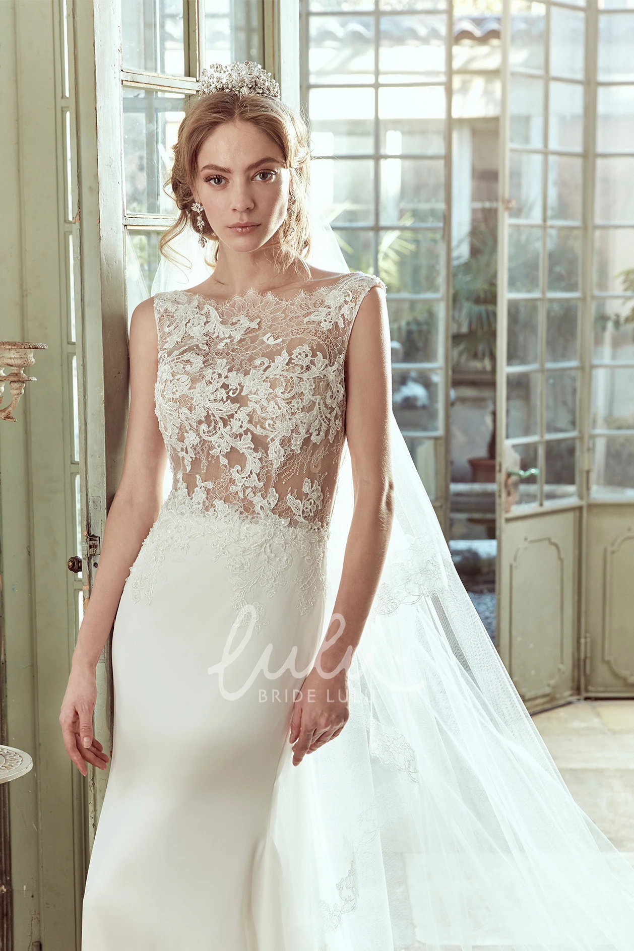 Illusive Lace Cap-Sleeve Sheath Wedding Dress with Open Back
