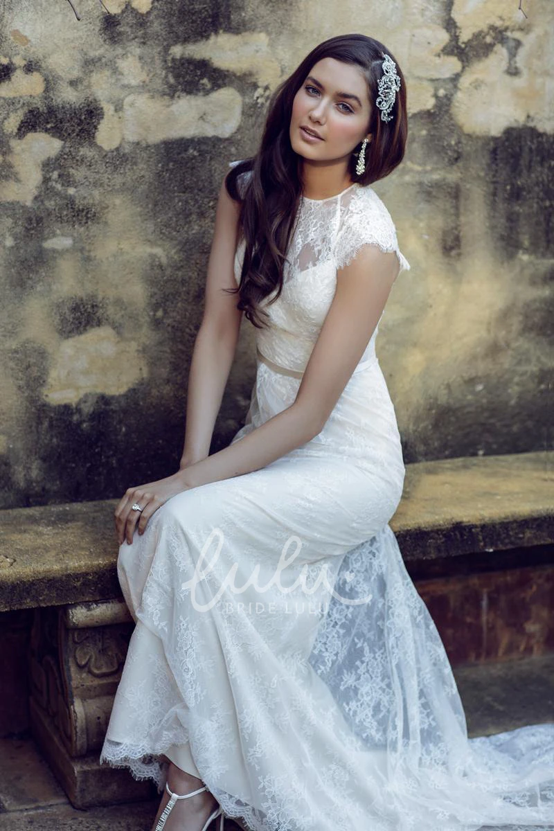 Sleeveless Lace Wedding Dress with Illusion and Appliques Scoop-Neck Floor-Length Sheath Gown