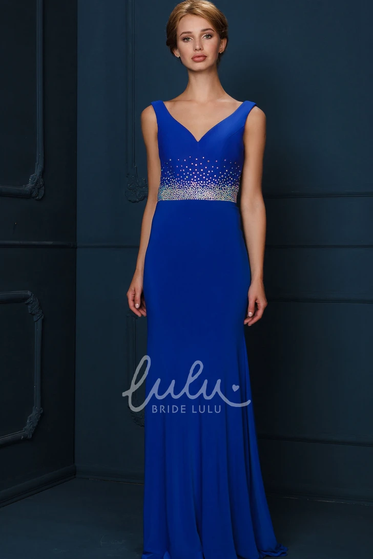 V-Neck Sleeveless Jersey Prom Dress with Beaded Detail and Floor-Length