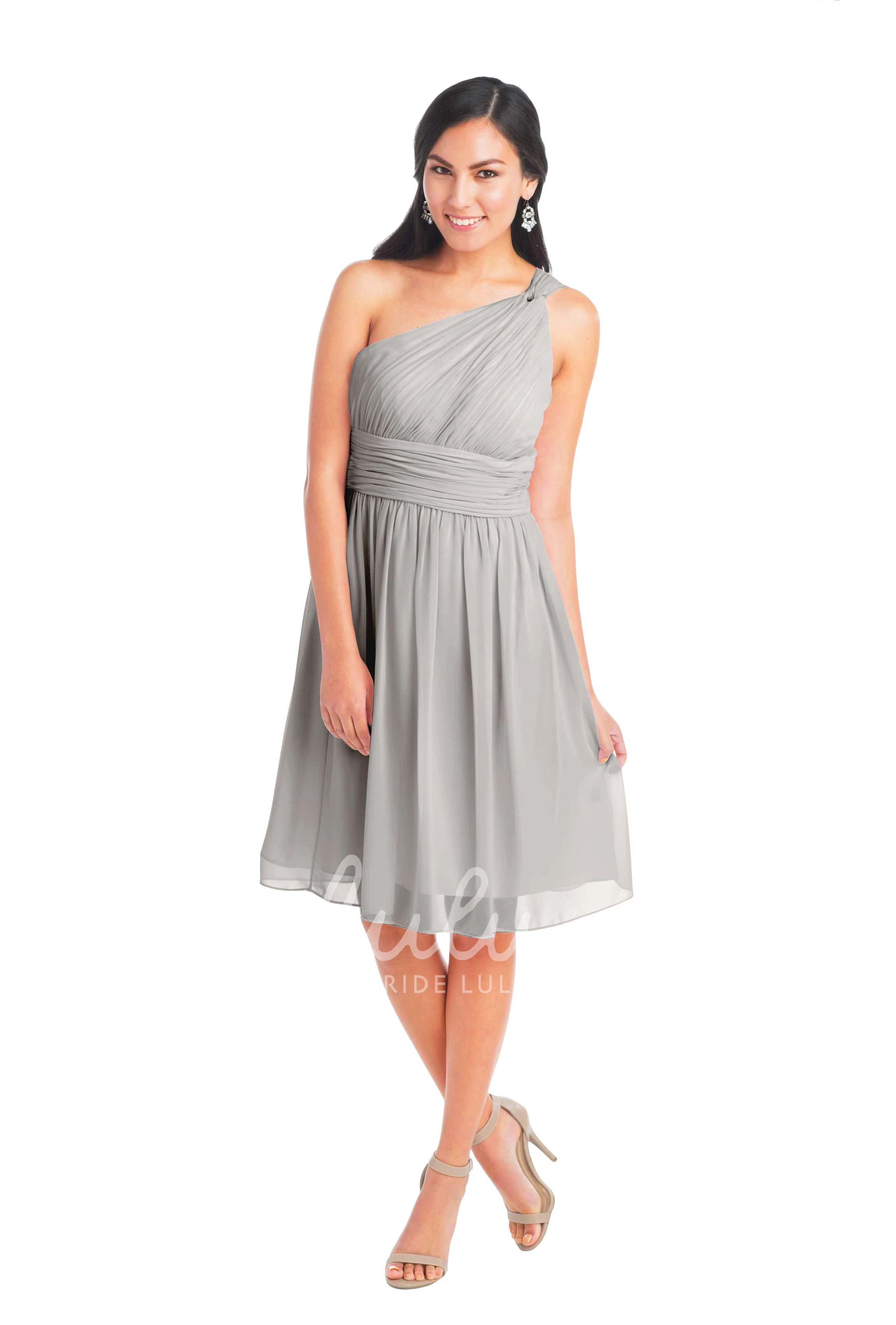 Knee-Length One-Shoulder Ruched Chiffon Convertible Bridesmaid Dress Sleeveless Muti-Color Straps