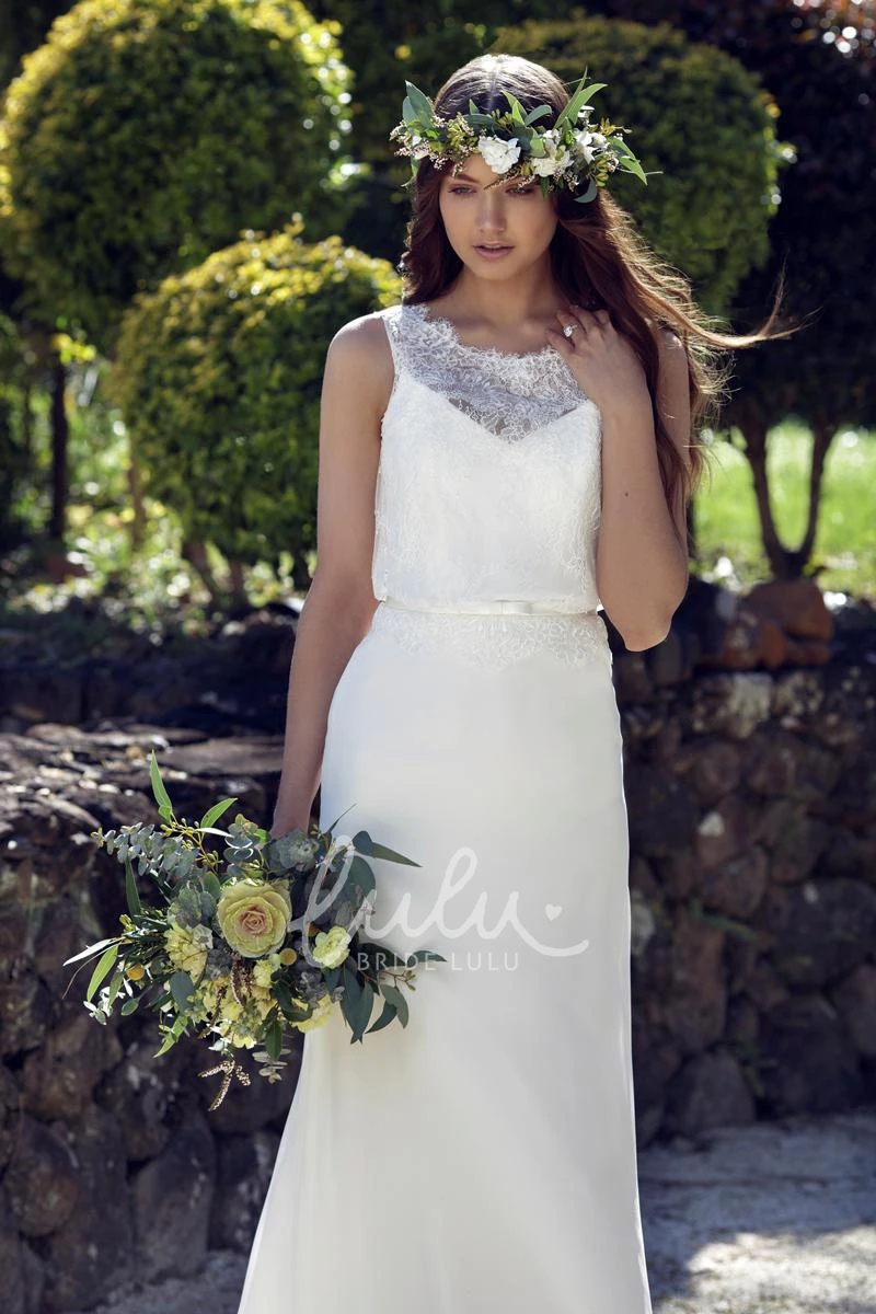 Lace Sleeveless Floor-Length Chiffon Wedding Dress with Court Train and Illusion Back Boho Wedding Dress with Court Train