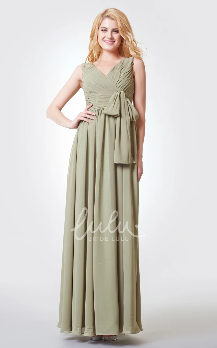 Chiffon A-line Dress with Ruching Bow and Straps Elegant Bridesmaid Dress