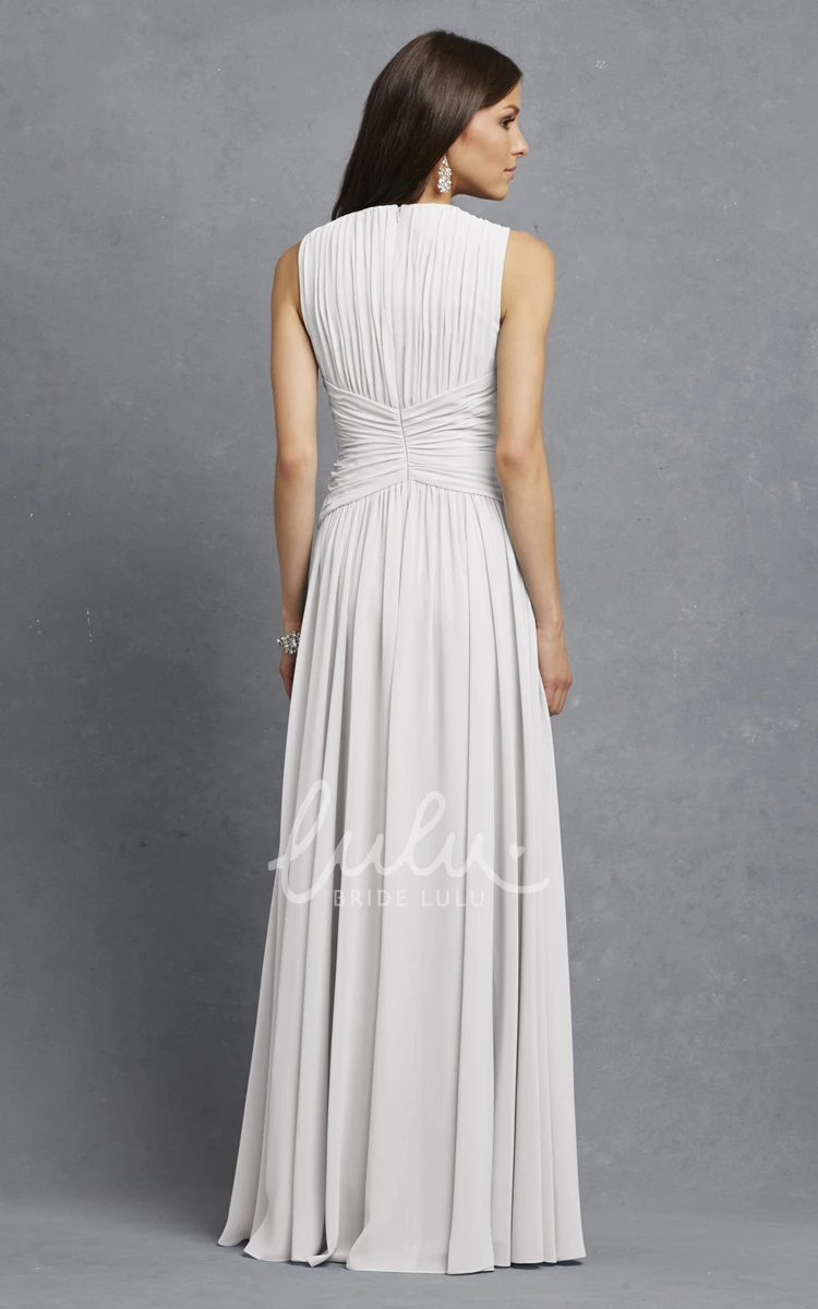 V-Neck Sleeveless Chiffon Dress with Ruching and Crisscross Detail