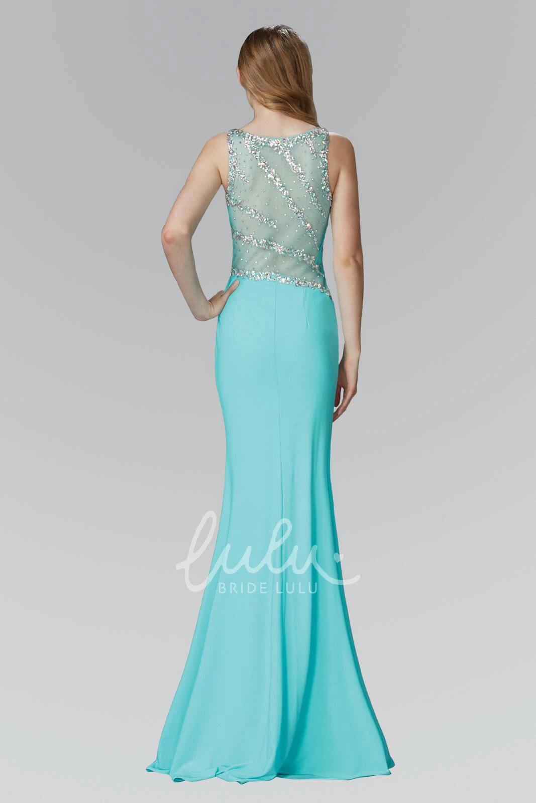 Beaded Split Front Sheath Formal Dress in Jersey Fabric
