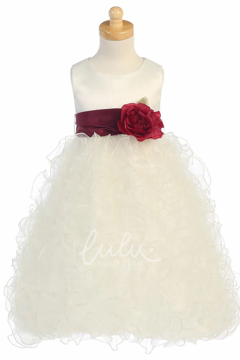 Floral Organza & Satin Tea-Length Flower Girl Dress with Ruffles