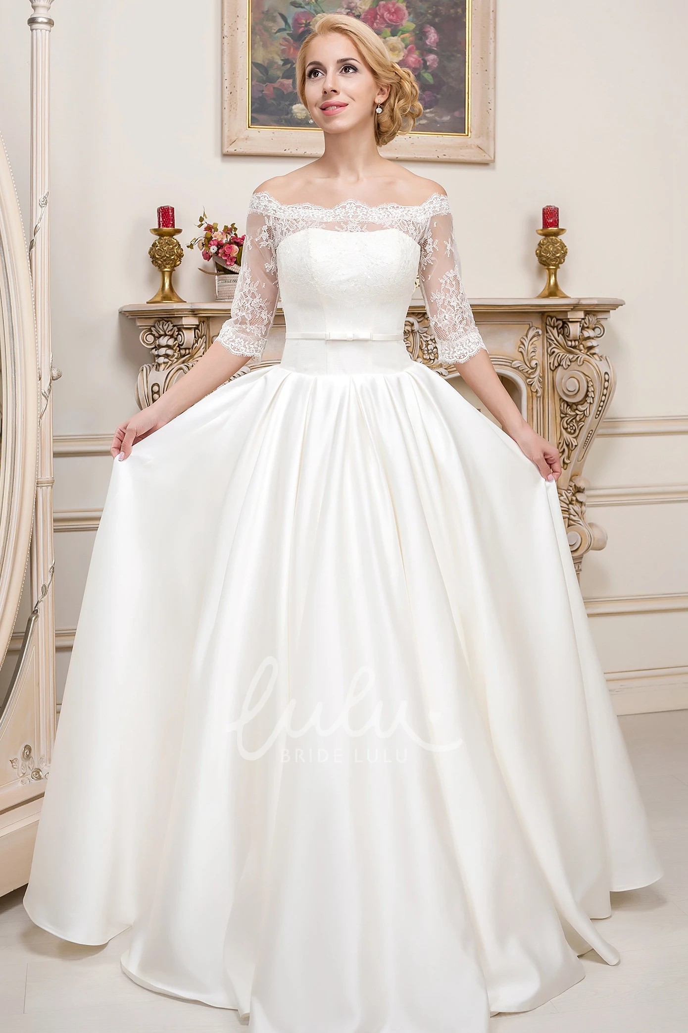 Off-The-Shoulder Lace Satin Wedding Dress Half-Sleeve Floor-Length