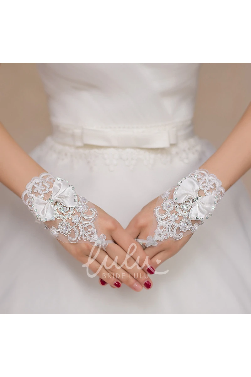 White Lace Bow Diamond Hook Bridesmaid Gloves Short Length