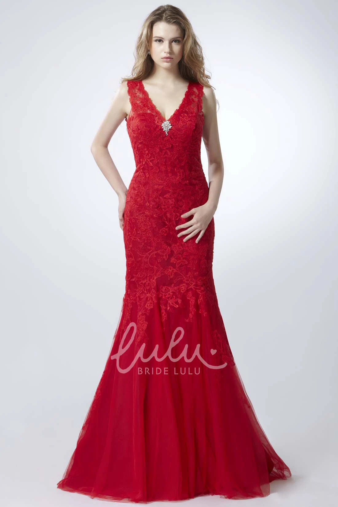 Mermaid V-Neck Lace Prom Dress with Broach and Low-V Back Unique Formal Dress