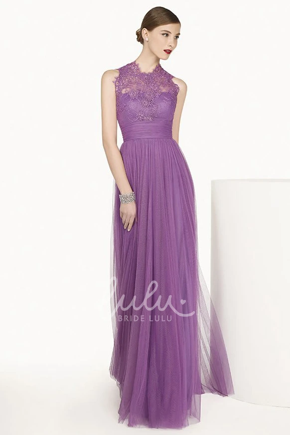 Sleeveless A-Line Tulle Long Prom Dress with High Neck and Lace Detail