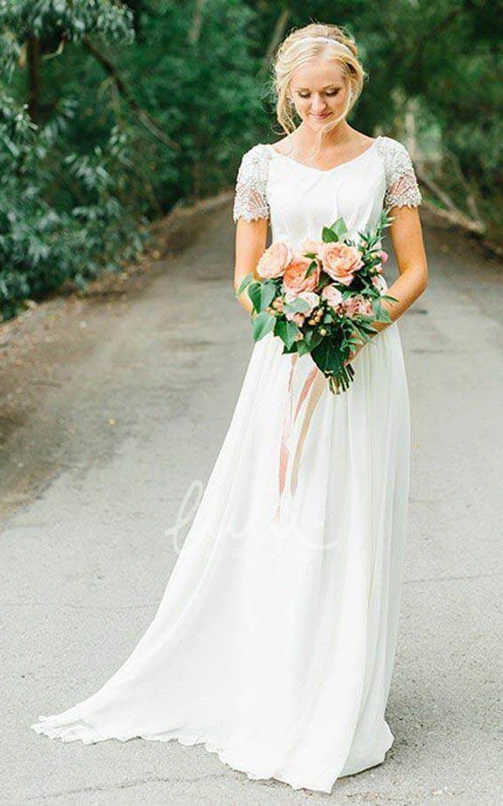 Simple Casual A-Line Chiffon Wedding Dress Bohemian Elegant Beach Garden Bateau