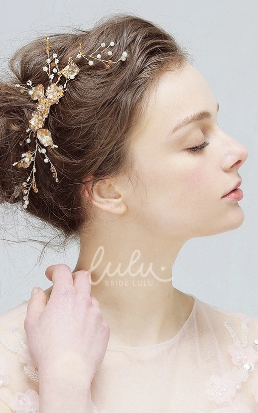 Delicate Gold Rhinestone Pearl Hair Comb for Wedding Dress