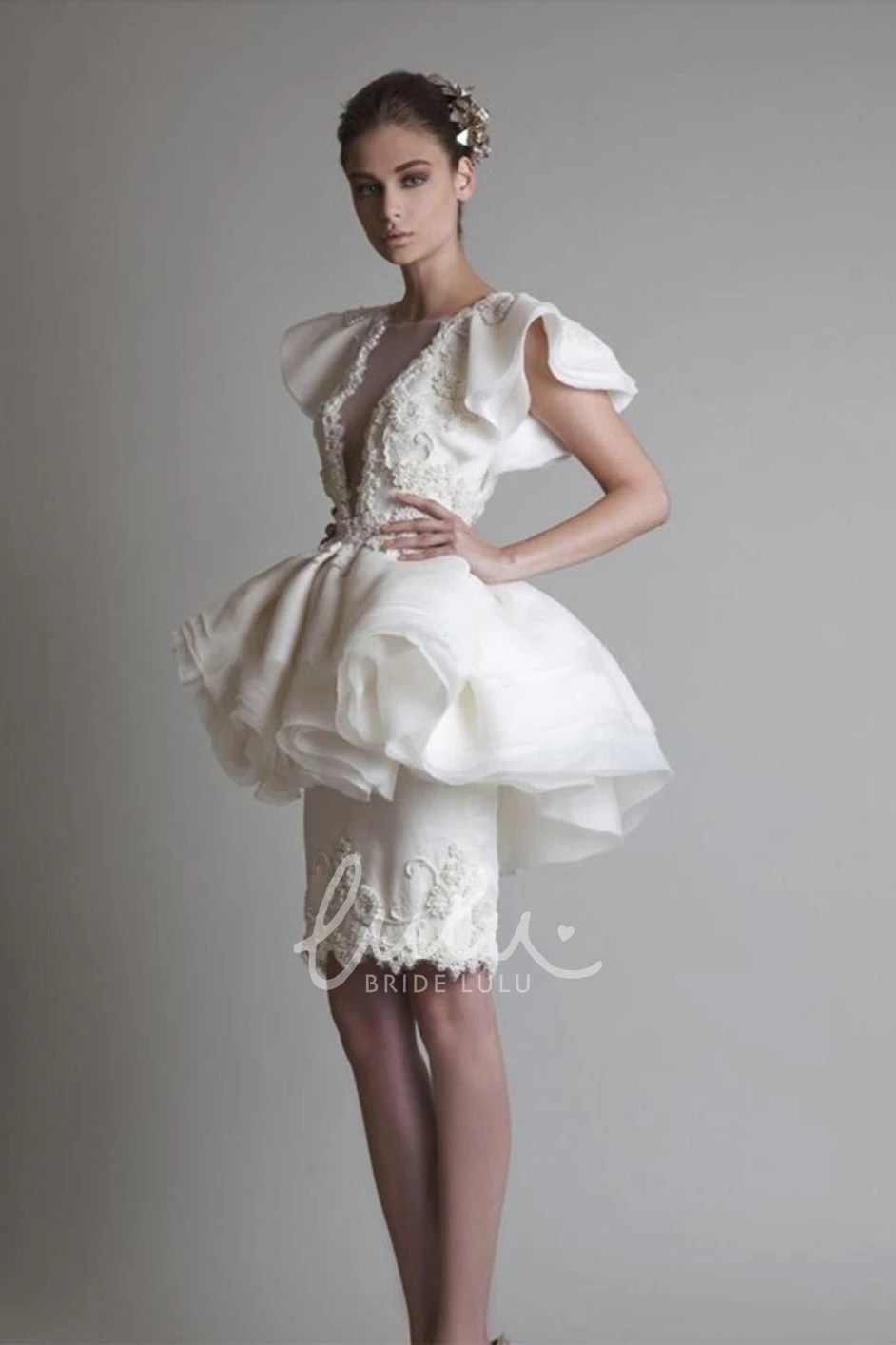 Jewel Peplum Organza Lace Homecoming Dress Short Sleeve Sheath Knee-length Appliques Ruffles