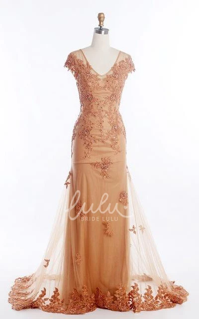 Long Mermaid Dress with Cap Sleeves and Appliques for Bridesmaids