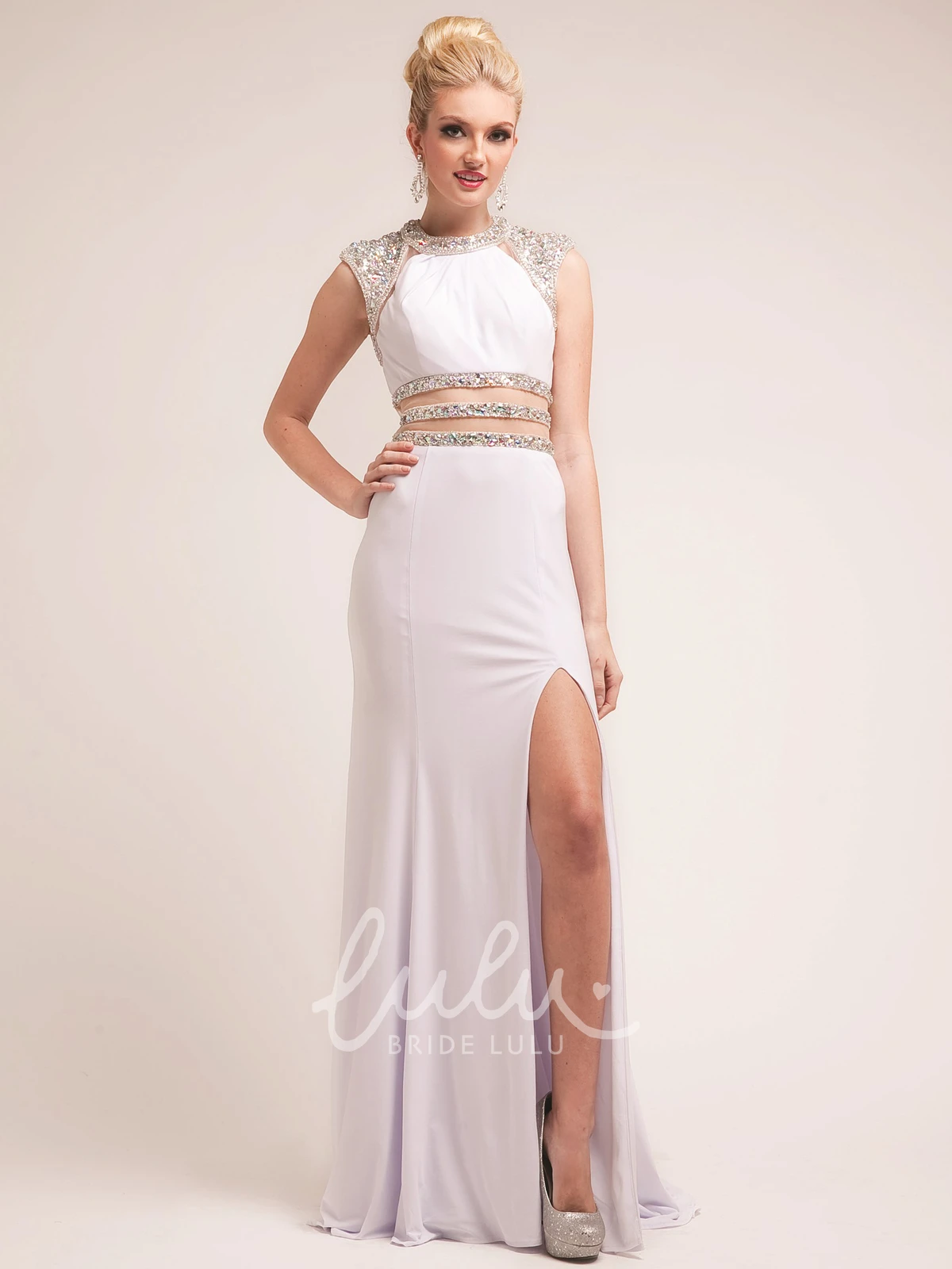 Split Front Cap-Sleeve Jersey Bridesmaid Dress with Jewel-Neck Long Sheath